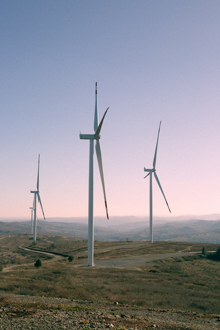 Scenic view of wind turbines in an open landscape during daytime, showcasing renewable energy.