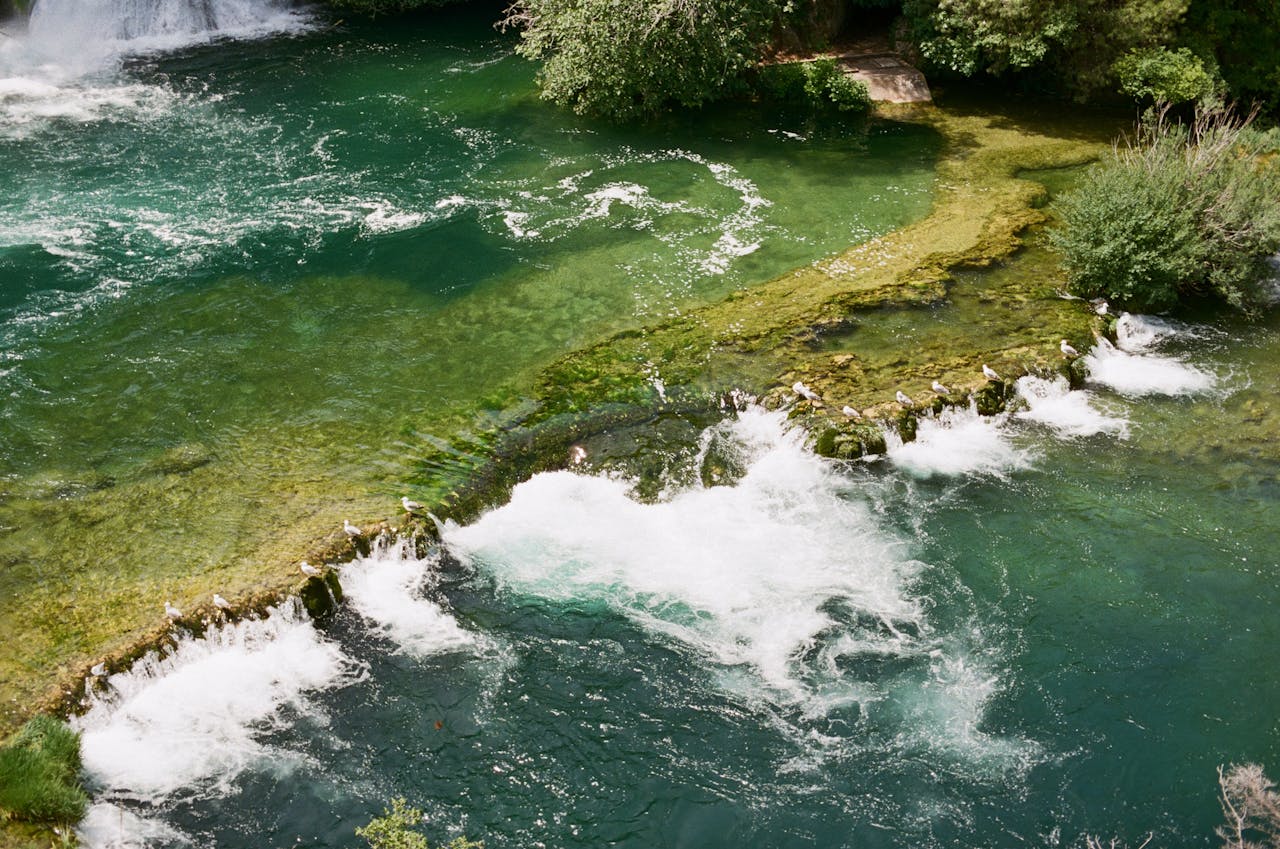 Scenic aerial view of a river with rocks and seabirds, under clear skies.